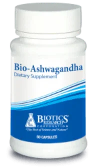 Bio-Ashwagandha dietary supplement bottle with blue label, 60 capsules