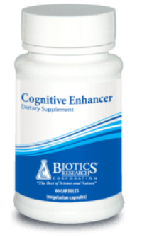 White bottle labeled Cognitive Enhancer dietary supplement with blue accents and 60 capsules.