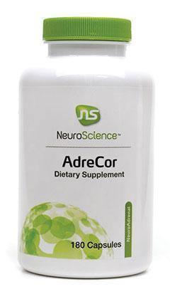 AdreCor dietary supplement bottle with green cap, 180 capsules by NeuroScience