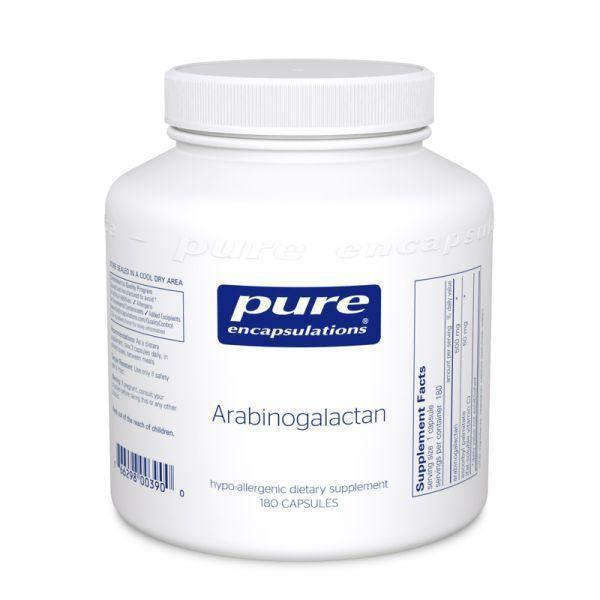White bottle of Pure Encapsulations Arabinogalactan dietary supplement, 180 capsules.