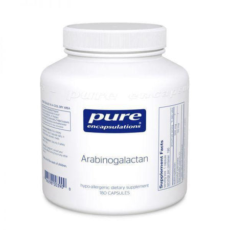 White bottle of Pure Encapsulations Arabinogalactan dietary supplement, 180 capsules.