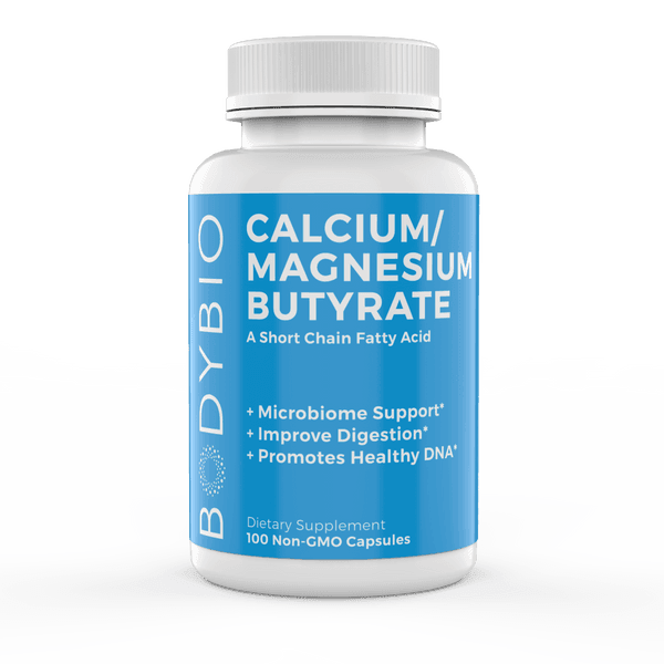 BodyBio Calcium Magnesium Butyrate supplement bottle, 100 non-GMO capsules for digestion support