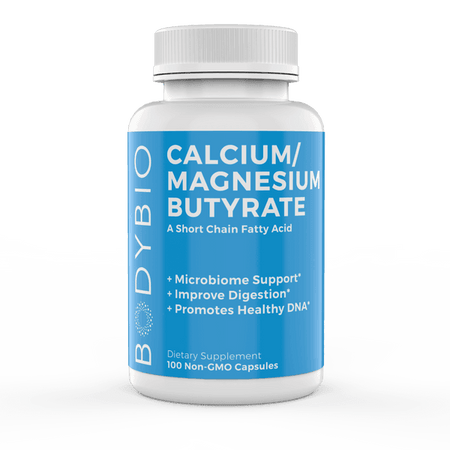 BodyBio Calcium Magnesium Butyrate supplement bottle, 100 non-GMO capsules for digestion support