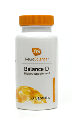 NeuroScience Balance D dietary supplement bottle with 60 capsules, orange cap, white label.