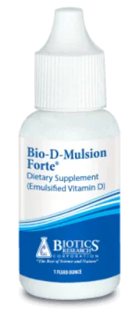 Bio-D-Mulsion Forte dietary supplement bottle, emulsified vitamin D liquid formula
