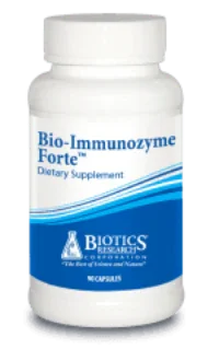 Bio-Immunozyme Forte dietary supplement bottle, white with blue label, 90 capsules