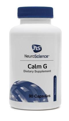 NeuroScience Calm G dietary supplement bottle with 90 capsules, white label, blue cap