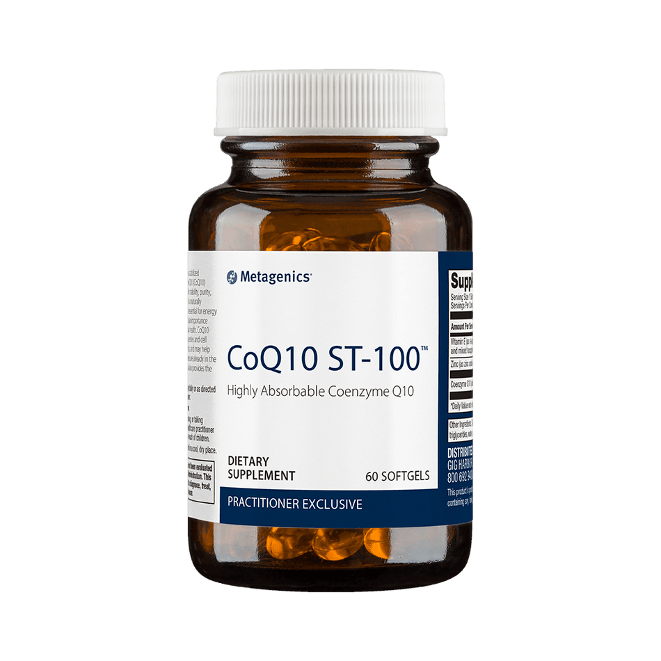 CoQ10 ST-100 dietary supplement bottle with softgels for heart and cellular health