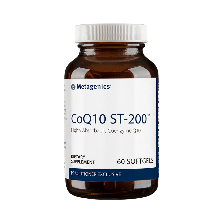 CoQ10 ST-200 dietary supplement bottle with 60 softgels, highly absorbable Coenzyme Q10