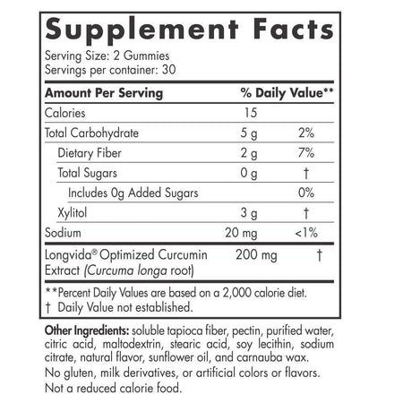 Curcumin gummies supplement facts label showing nutrition and ingredient details.