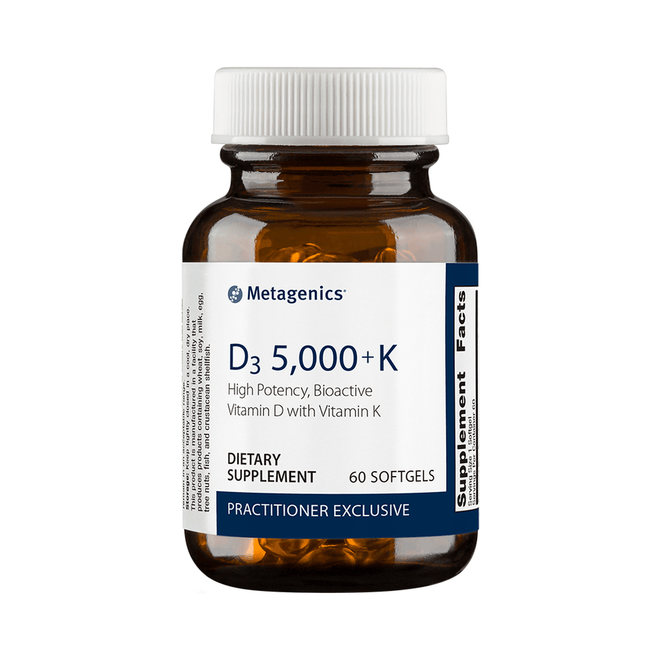 D3 5000 plus K high potency vitamin D with K supplement bottle, 60 softgels