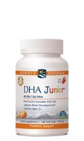 DHA Junior pediatric support supplement bottle with orange cap, supports brain development.