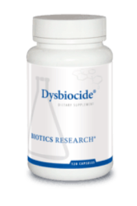 Dysbiocide dietary supplement bottle, 120 capsules, Biotics Research label