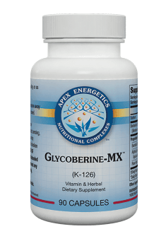 Glycoberine-MX K-126 dietary supplement bottle with 90 capsules, vitamin and herbal formula