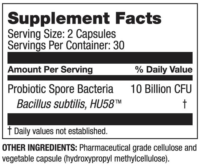 Supplement facts label for Bacillus subtilis HU58 probiotic, 10 billion CFU per serving.
