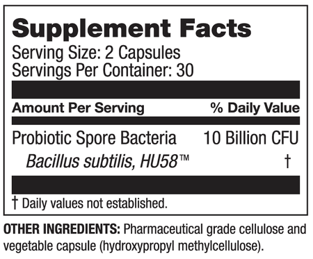Supplement facts label for Bacillus subtilis HU58 probiotic, 10 billion CFU per serving.