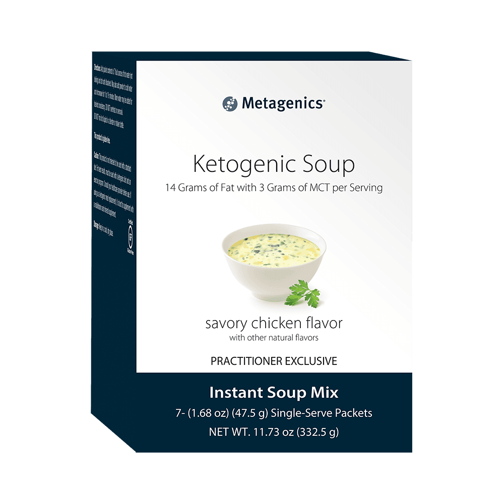 Box of ketogenic soup savory chicken flavor instant soup mix with MCT oil, 7 packets