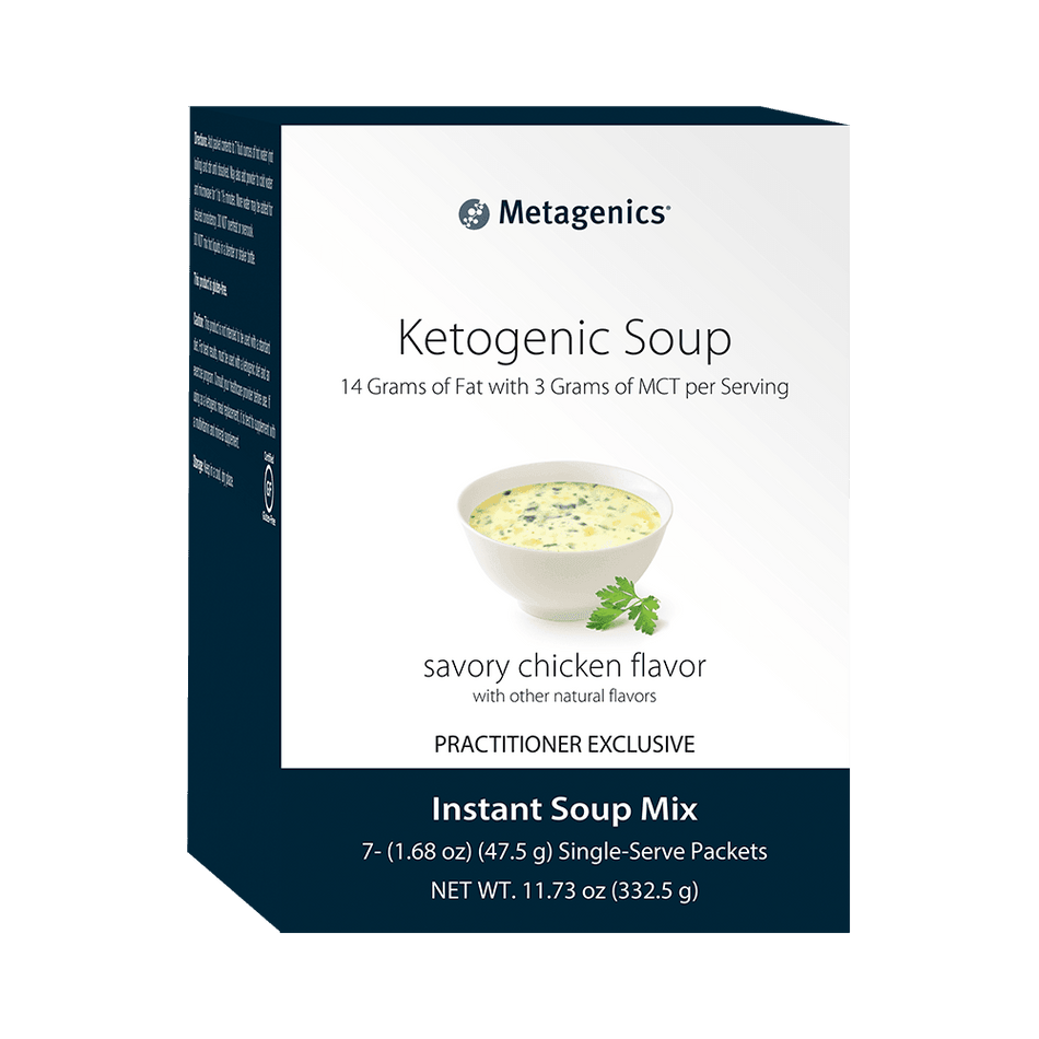 Box of ketogenic soup savory chicken flavor instant soup mix with MCT oil, 7 packets