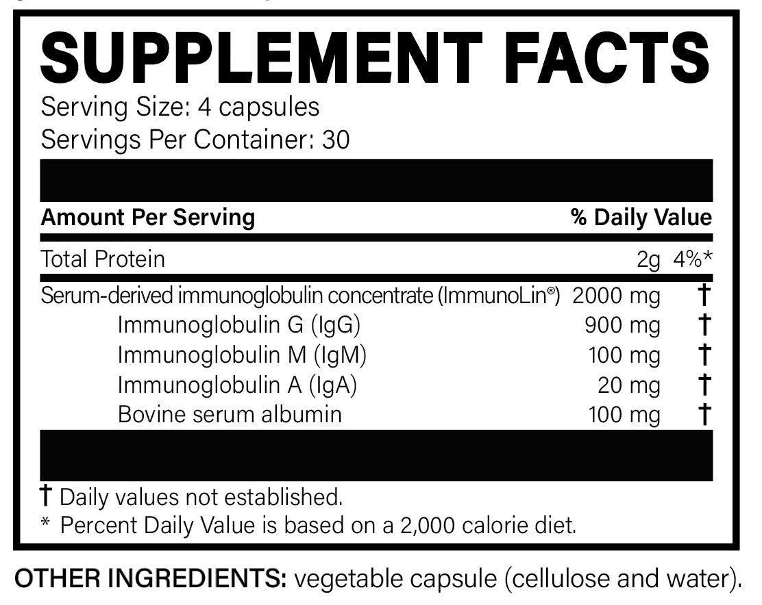 MegaIgG2000 supplement facts label showing serving size, protein, and immunoglobulin content.