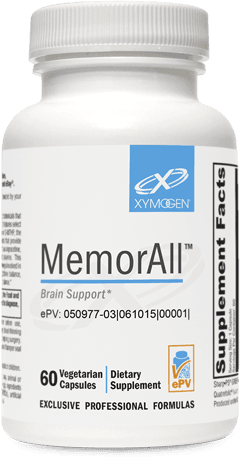 Bottle of MemorAll brain support dietary supplement, 60 vegetarian capsules, white label