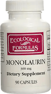 Monolaurin 300mg dietary supplement bottle with 90 capsules shown on white background