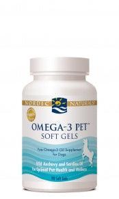 Omega-3 Pet Soft Gels supplement bottle for dogs, white label, nutrient support for pets