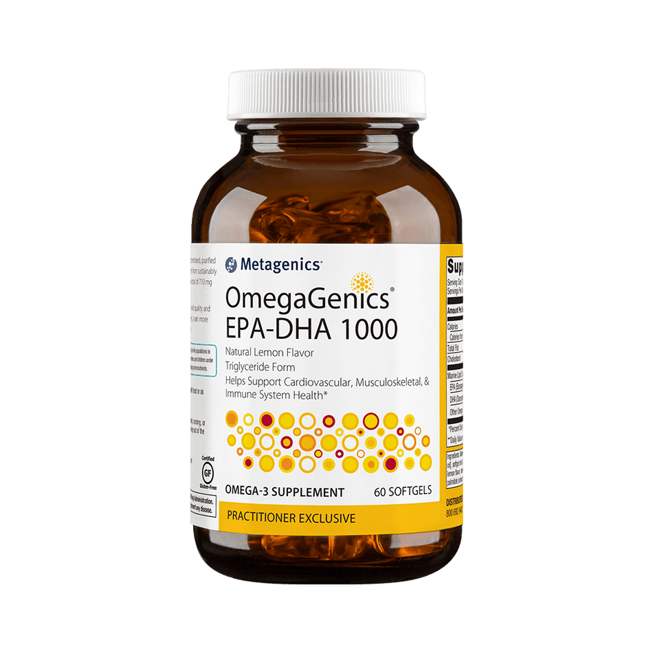 OmegaGenics EPA-DHA 1000 omega-3 supplement bottle, 60 softgels, dietary supplement