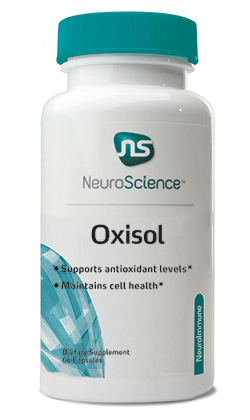Oxisol supplement bottle labeled to support antioxidant levels and maintain cell health.