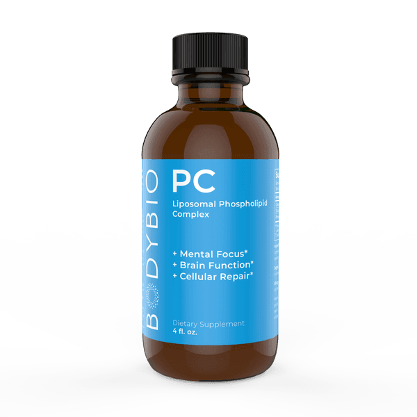 BodyBio PC dietary supplement bottle with blue label for brain and cellular health, 4 oz