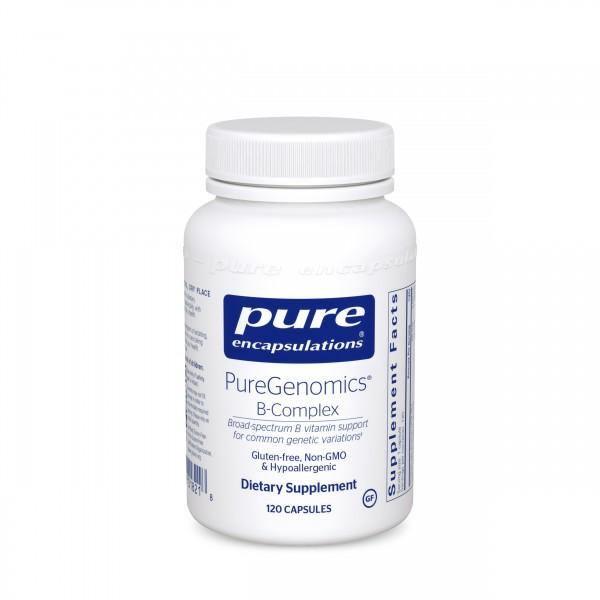 PureGenomics B-Complex dietary supplement bottle with 120 capsules, front label visible