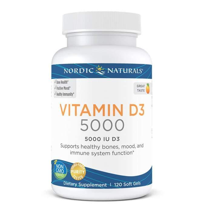 Vitamin D3 5000 IU supplement bottle, 120 soft gels, for bone, mood, and immune support