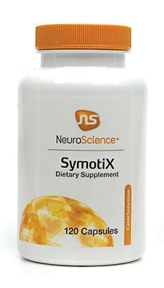 SymotiX dietary supplement bottle with orange cap, NeuroScience label, 120 capsules