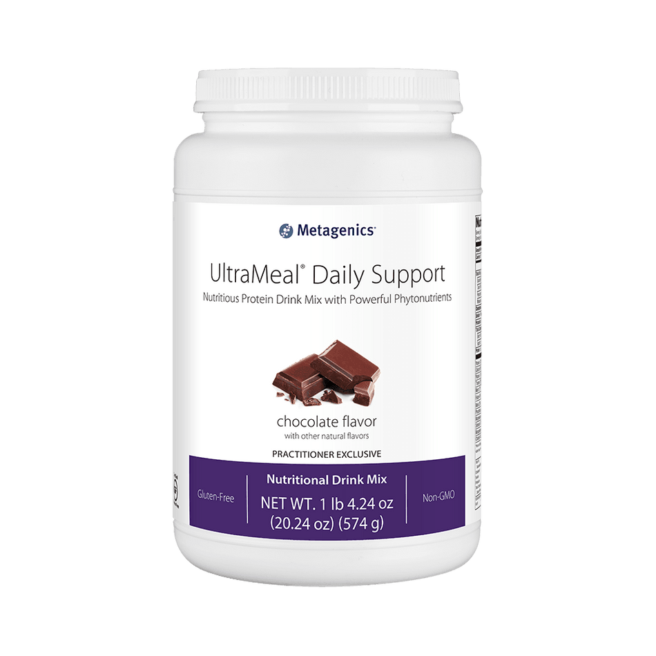 UltraMeal Daily Support chocolate flavor nutritional drink mix container with chocolate pieces