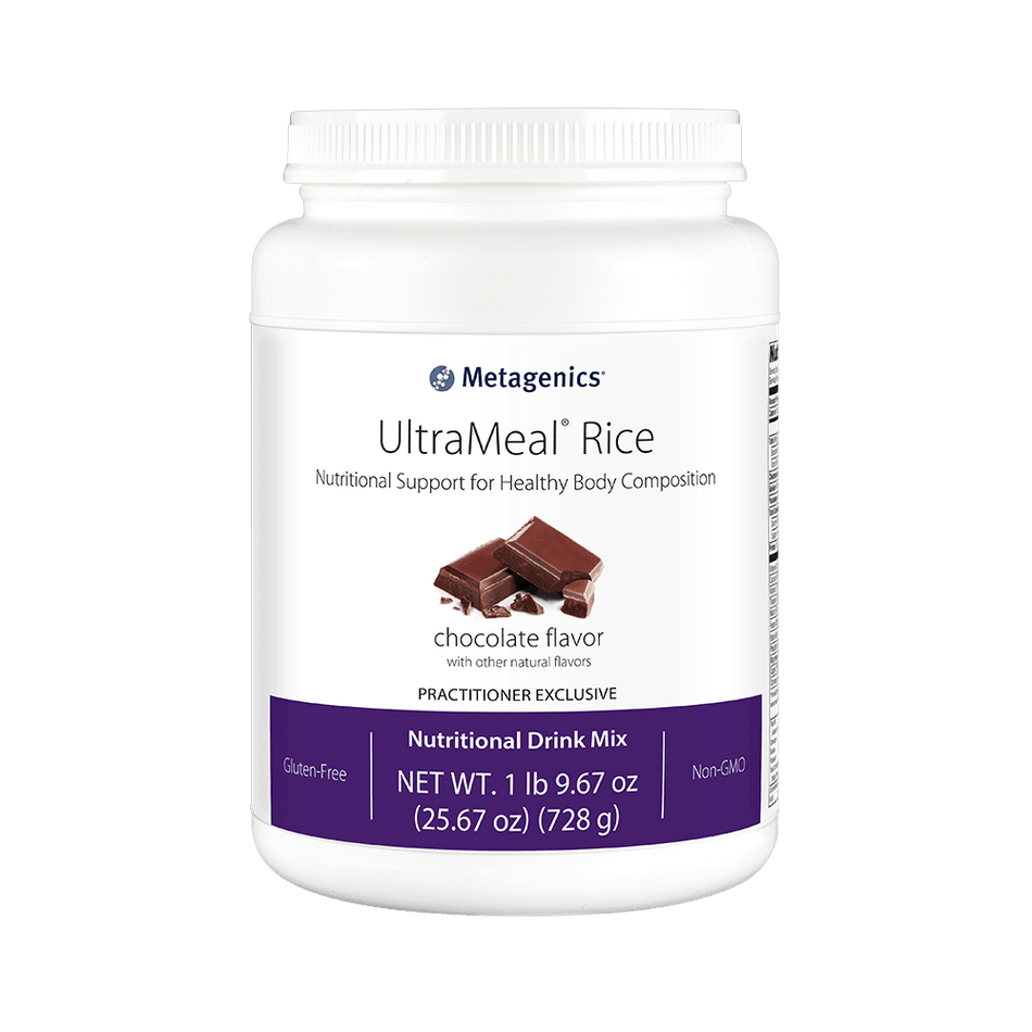 UltraMeal Rice chocolate flavor nutritional drink mix container, gluten-free and non-GMO