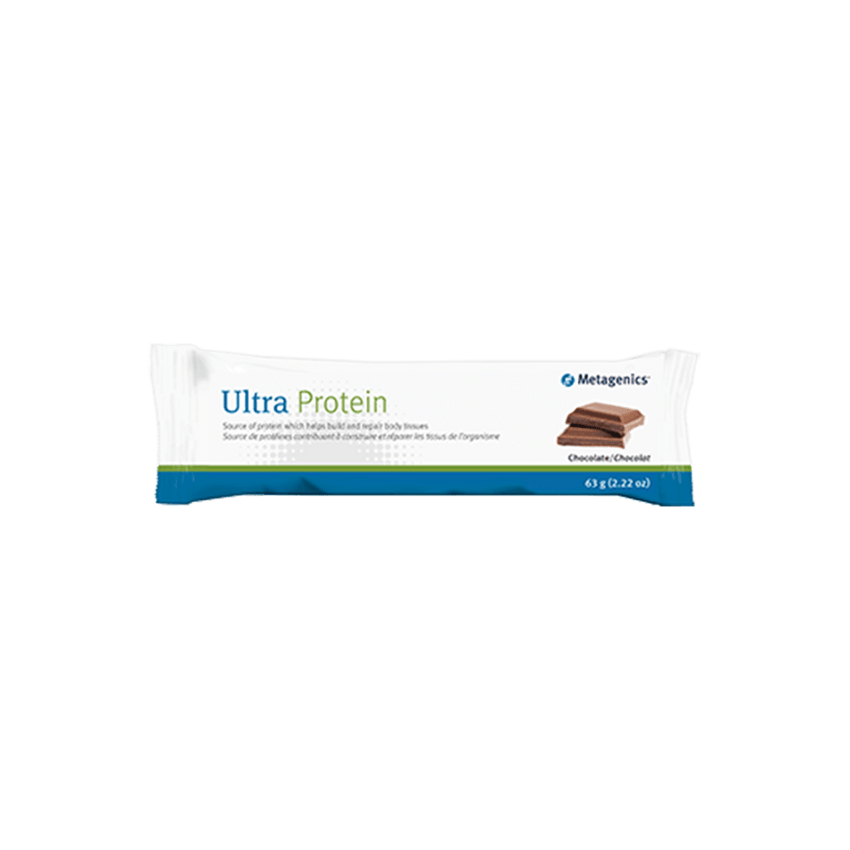 Ultra Protein chocolate protein bar in white and blue packaging, 63g size, isolated on gray background.