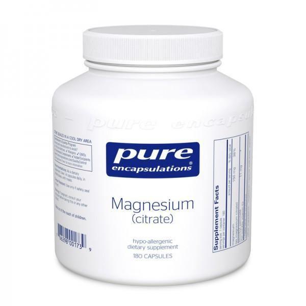 Magnesium citrate supplement bottle, 180 capsules, dietary health support.