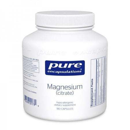 Magnesium citrate supplement bottle, 180 capsules, dietary health support.