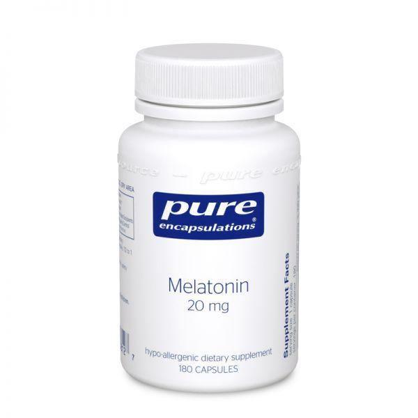 Pure Encapsulations Melatonin 20 mg supplement bottle, 180 capsules, white background