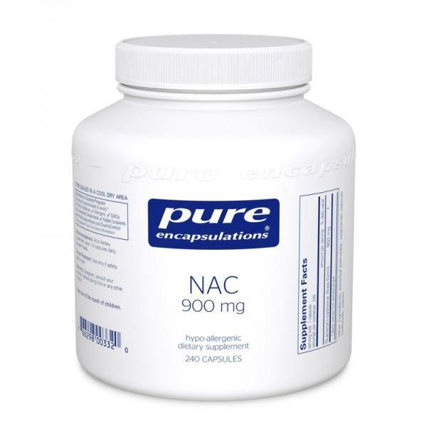 Pure Encapsulations NAC 900 mg dietary supplement bottle with 240 capsules.