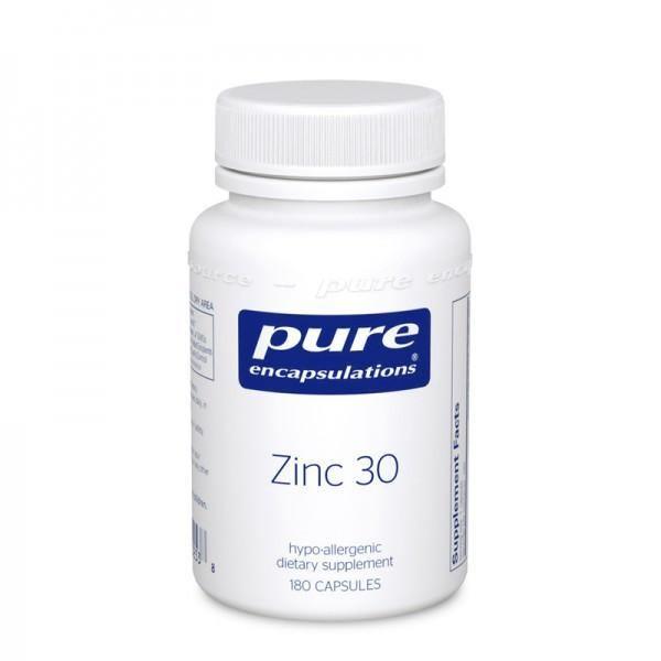 Pure Encapsulations Zinc 30 dietary supplement bottle, 180 capsules, white background