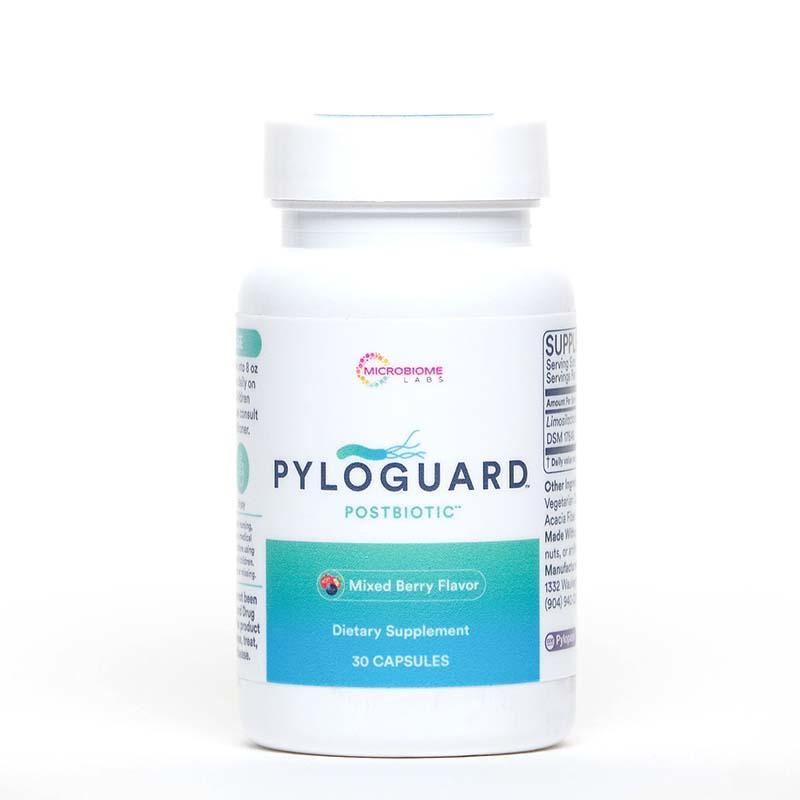 Pyloguard postbiotic dietary supplement bottle, mixed berry flavor, 30 capsules.