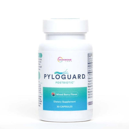 Pyloguard postbiotic dietary supplement bottle, mixed berry flavor, 30 capsules.