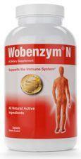 Wobenzym N supplement bottle with red label, promotes immune health, all natural active ingredients